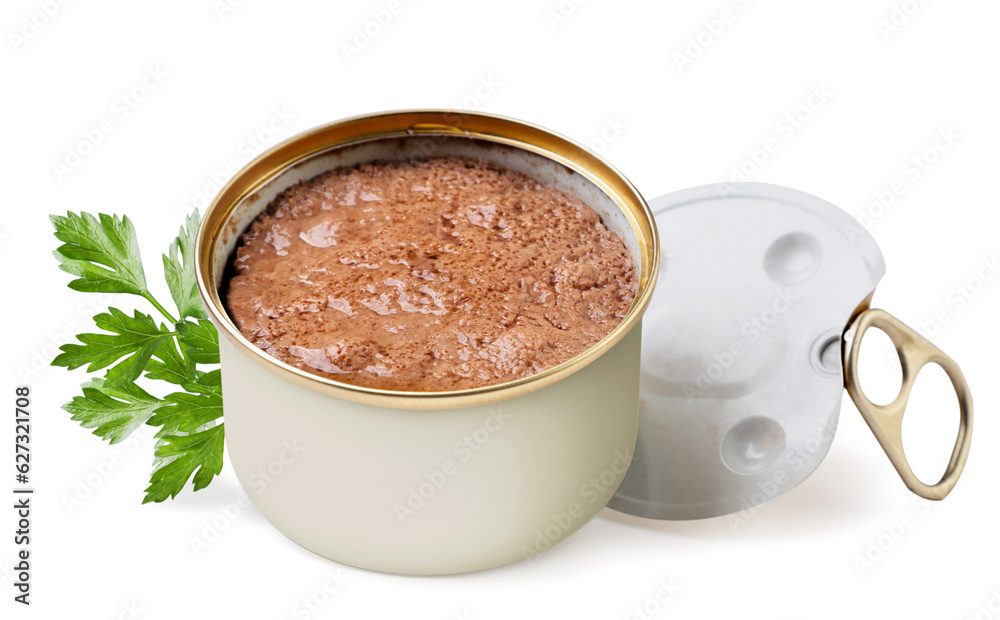 Cat canned food with parsley leaf on a white background. Isolated Cat canned food with parsley leaf on a white background. Isolated