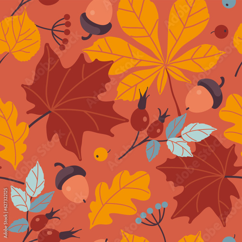 Colorful autumn seamless pattern with autumn leaves, rosehip berries, acorn in flat style. Endless texture for fabric, clothes, background, textile, wallpaper. Vector color illustration.