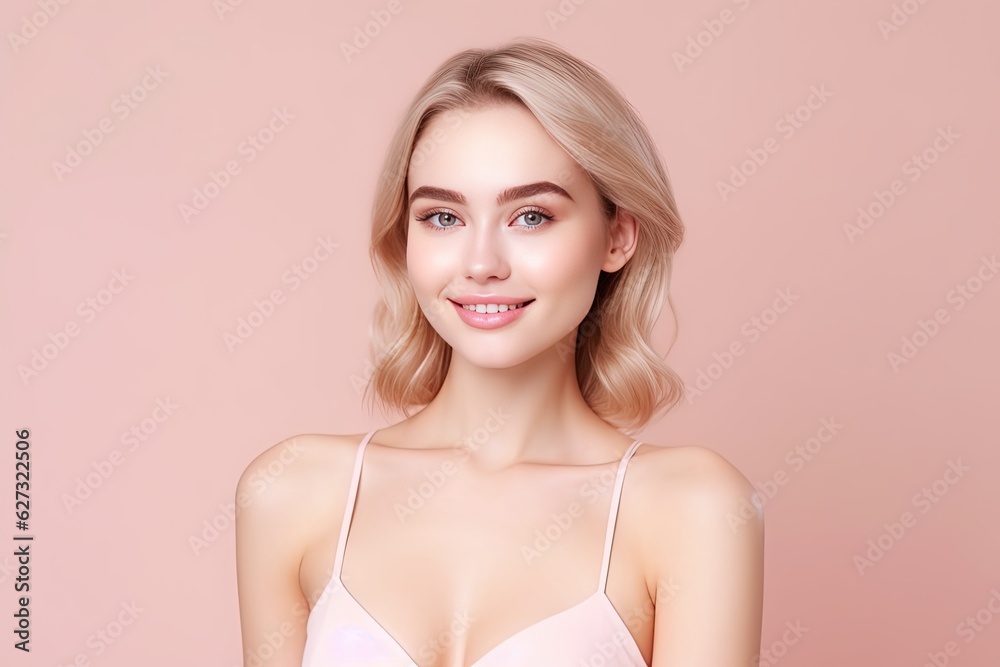 Obraz premium Portrait of a happy, confident, and healthy Caucasian woman with glowing skin and positivity. Generative AI