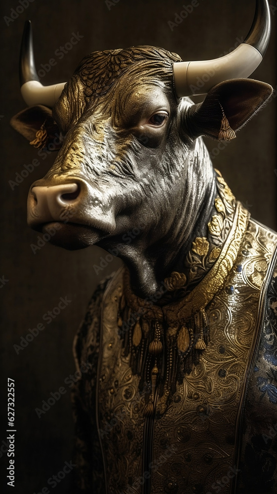 A character portrait of a Bull dressed in an elegant and formal business suit anthropomorphic businessman. Human enhanced.