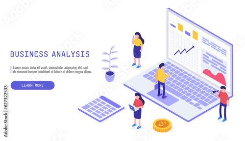 Isometric web banner for a versatile expert team in Data Analysis, Business Statistics, Management, Consulting, and Marketing. Vector illustration for landing page.
