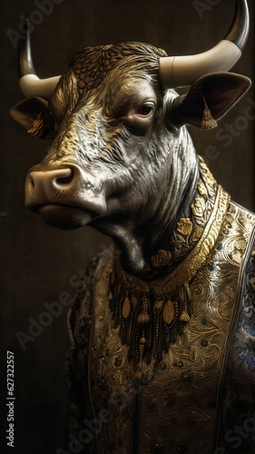 A character portrait of a Bull dressed in an elegant and formal business suit anthropomorphic businessman. Human enhanced.