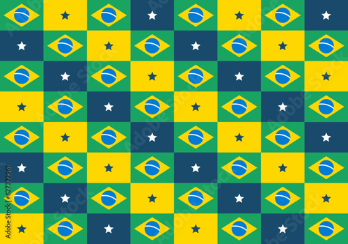 Brazil. Brazilian flag, seamless pattern, vector illustration. Repeatable and stackable. Blue, green, yellow and star. soccer, football, female, male. Championship, cup. Backdrop, background texture.