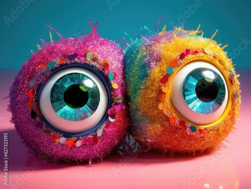 Slika na platnu The image is a 3D render of two large, brightly colored and glittery eyes with exaggerated lashes that appear to be soft to the touch