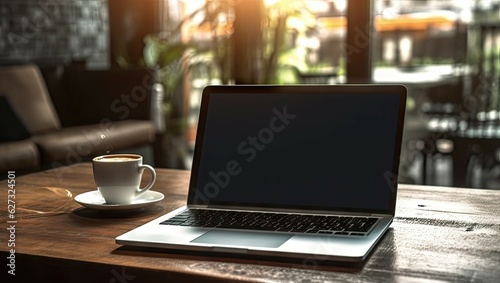 Work and white cup of Coffee. Laptop on a wooden table in blur cafe background. Business online concept