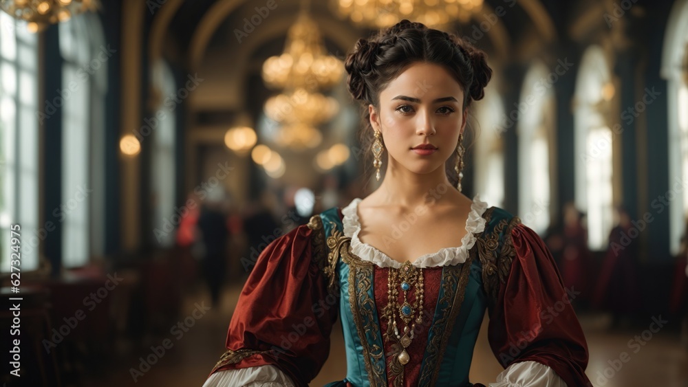 Girl at a Ball: portrait of a girl dressed in a combination of different historical fashion styles from different time periods.