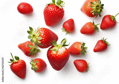 Macro fresh ripe strawberries on white background.Top viev.AI Generative.