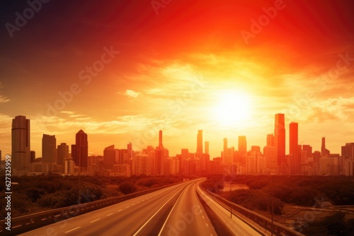 A city skyline with a highway going through it. Digital image. Heatwave over city.