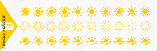 Sun with rays or sunburst vector icons collection. Radial sunset beams graphic design. Sunset or sunrise over the ocean or sea