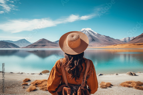 Back view of a young Latin American tourist standing and holding a hat, contemplating a lake with mountains.