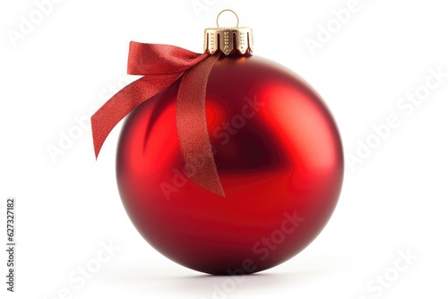 Red bauble christmas ball with a ribbon decoration isolated, AI photo