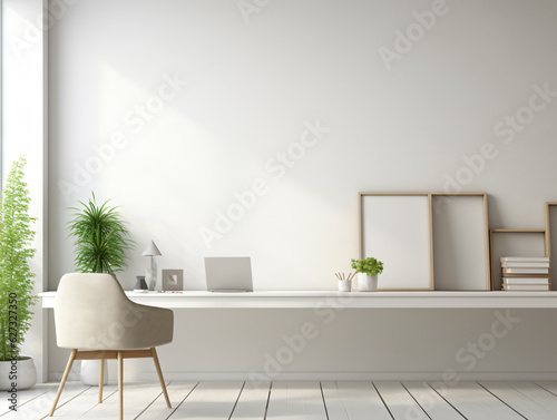 A contemporary white workspace with copy space  set against a blurred background of a modern white office. generative AI