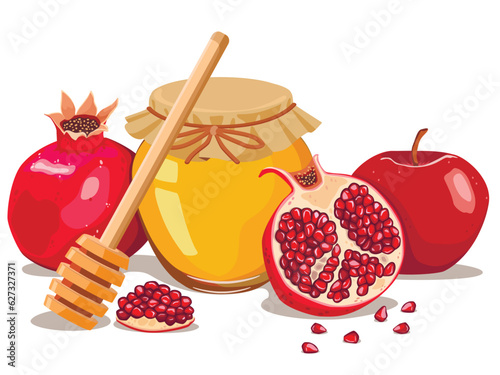 Rosh Hashanah greeting card design with hand drawing simbols of jewish new year apple, honey and pomegranate. Vector illustration