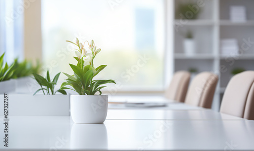 A contemporary white workspace with copy space  set against a blurred background of a modern white office. generative AI