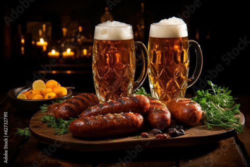 Raise a toast to a great time with this vibrant picture featuring two glasses of cold beer and sizzling sausages spread across the table.  Ai generated