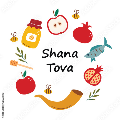 Rosh Hashanah greeting card design with hand drawing simbols of jewish new year apple, honey, shofar, fish and pomegranate. Vector illustration