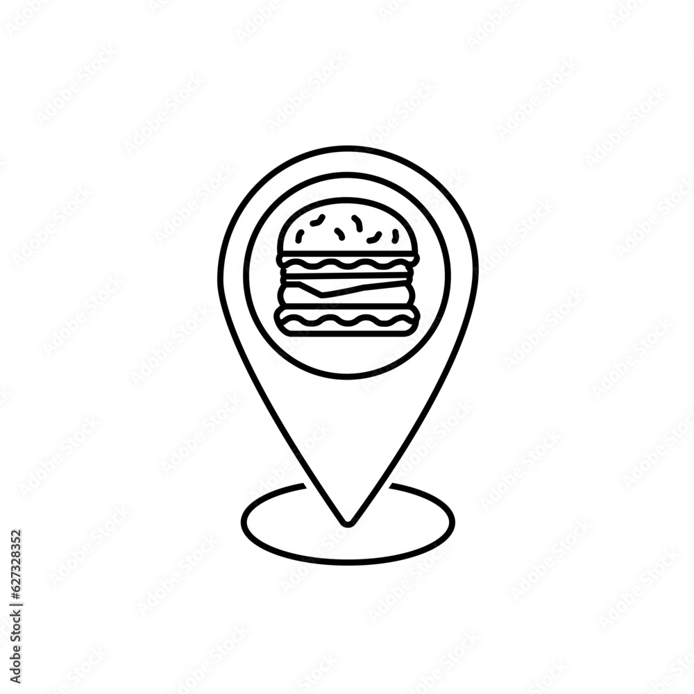 Location pin and burger thin line icon. Burger shop or cafe location concept. Isolated on white background. Location pin and burger thin line icon. Burger shop or cafe location concept. Isolated on white background.