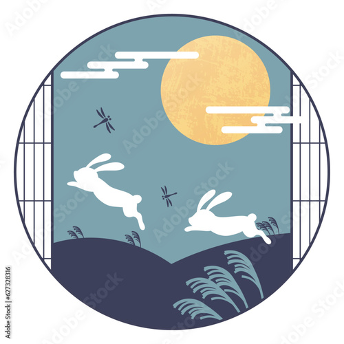 うさぎが跳ねる秋のお月見イラスト1