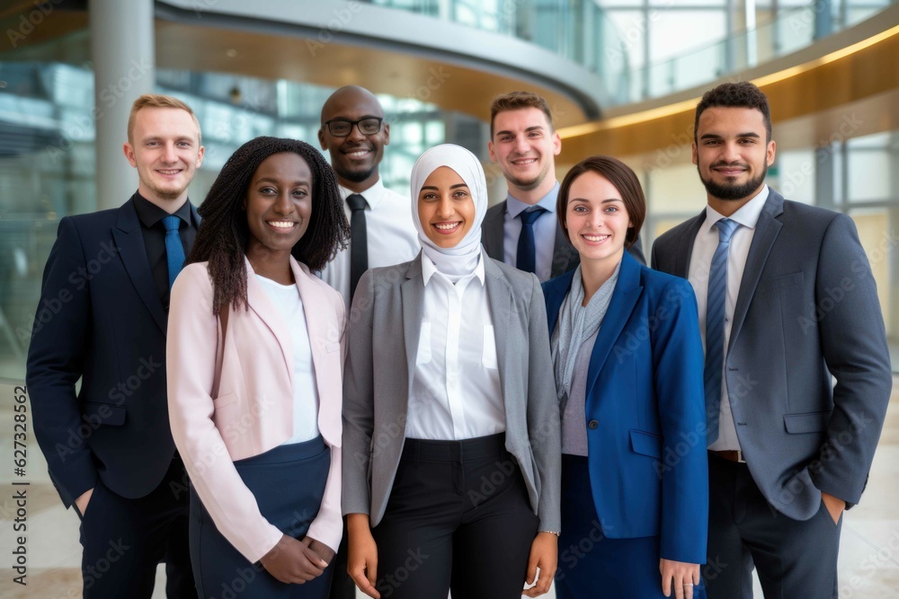 Successful multiethnic business team smiling and looking at camera. Generative AI. Successful multiethnic business team smiling and looking at camera. Generative AI.