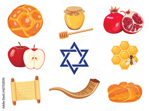 Set of hand drawing simbols of jewish new year apple, honey, shofar, Challah bread, fish and pomegranate. Vector illustration for Rosh Hashanah