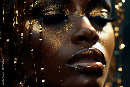 Unlock the essence of luxury and elegance with this captivating portrait of an African American girl embellished with golden sequins. Ai generated
