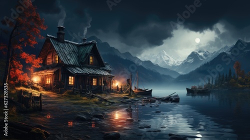 A painting of a cabin by a lake at night. Halloween decor.