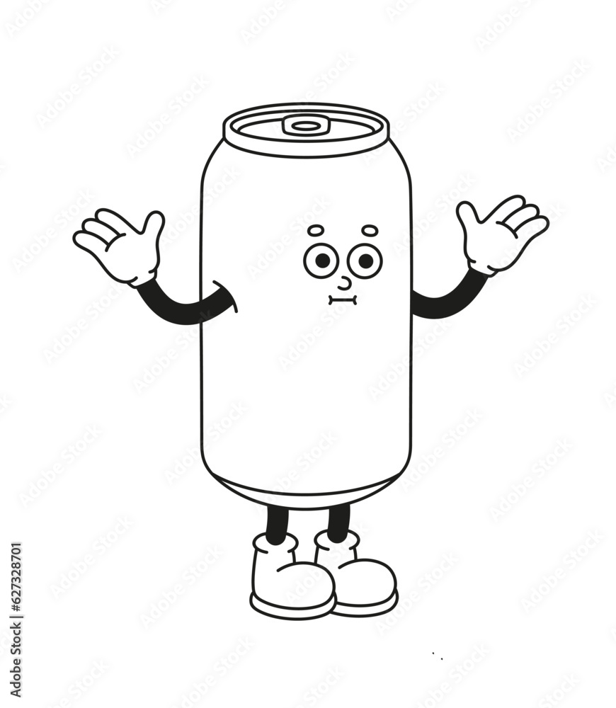 The hand-drawn retro character of the soda aluminum can. Vector illustration in trendy retro cartoon style. Line art. The hand-drawn retro character of the soda aluminum can. Vector illustration in trendy retro cartoon style. Line art.