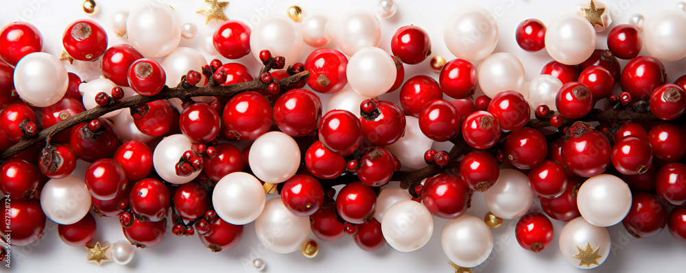 Obraz premium Embrace the spirit of the holidays with this enchanting Christmas background showcasing toys, berries, fir branches, and winter fruits. Ai generated