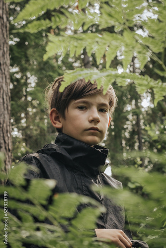 boy was hiding in the forest. The child hid in the ferns. Soft selective focus