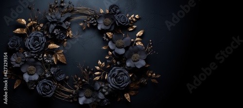 Generative AI, Close up wreath, blooming flowerbeds of amazing black flowers on dark moody floral textured background.