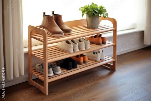 A wooden shoe rack with several pairs of shoes on it. Digital image.