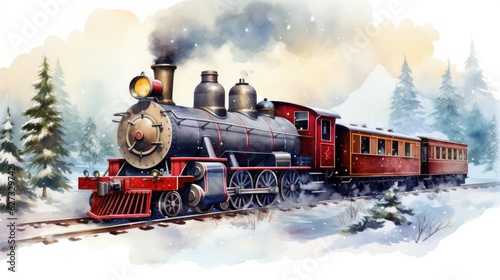 A painting of a train traveling through a snowy forest. Christmas steam train. photo