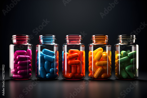 Colorful capsules in glass bottles, set on black background. Pills of drugs. Pharmacy banner. Painkiller medicine and antibiotic resistance concept. Pharmaceutical industry. Image is AI generated.