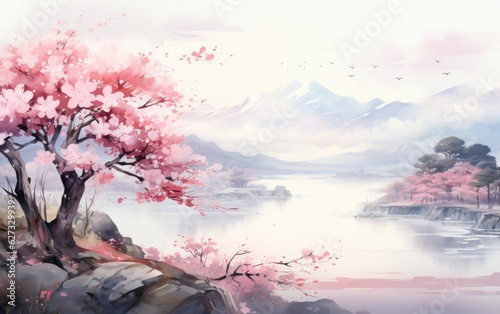 Watercolor landscape with blossoms.