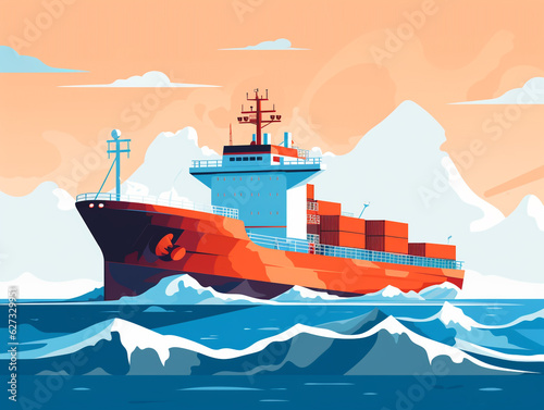 Illustration of a cargo ship sailing the ocean. These ships send merchandise all over the world in large quantities by ocean route.