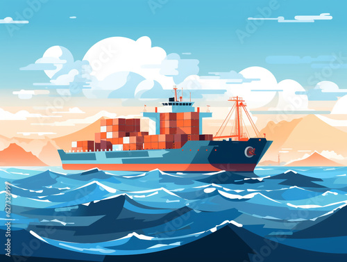 Illustration of a cargo ship sailing the ocean. These ships send merchandise all over the world in large quantities by ocean route.