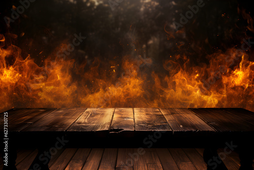 Wooden Table with Fire Background for Flaming Hot Food Menu Display