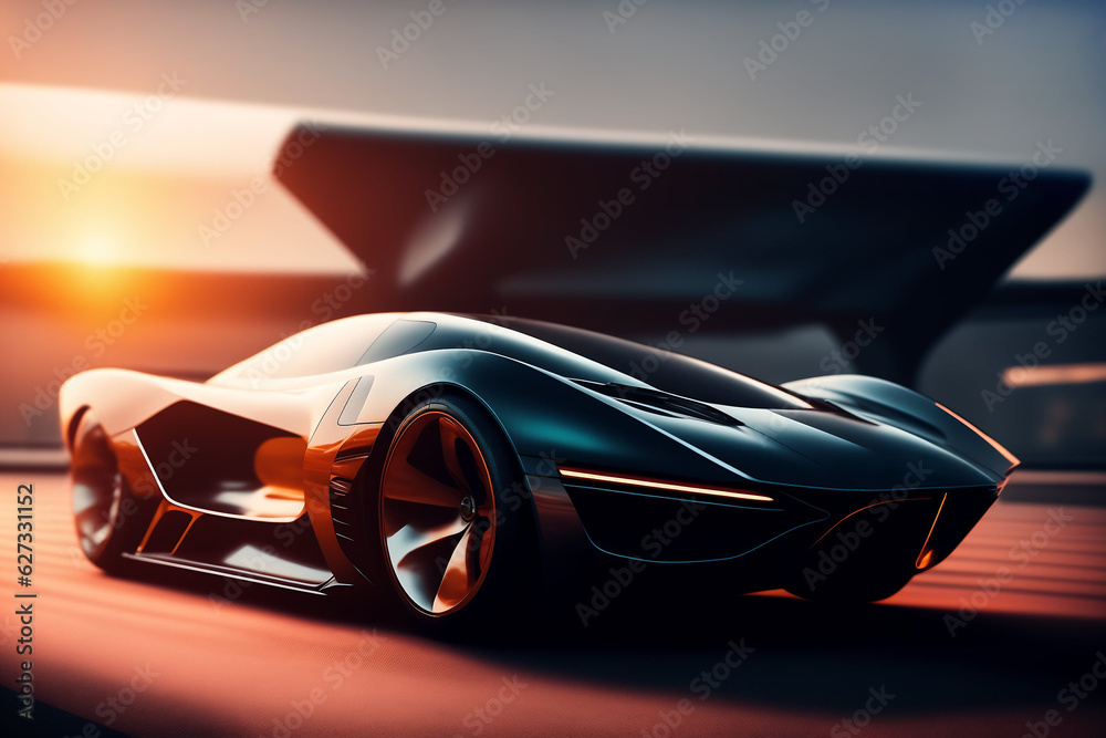 futuristic car fast driving on modern downtown background. Concept of future. Concept Car racing on evening street. Futuristic electric car drive in a modern. night city life. Side view. generative AI