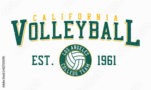 Volleyball t-shirt design. California, Los Angles tee shirt with volleyball ball. College style apparel print with grunge. Vector illustration.