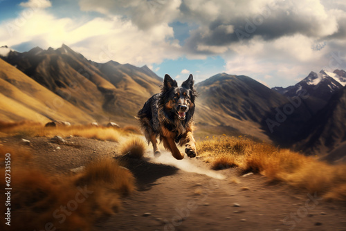Un chien de race berger allemand, courant  à toute vitesse sur un chemin de montagne, ciel nuageux en arrière-plan. © David Giraud