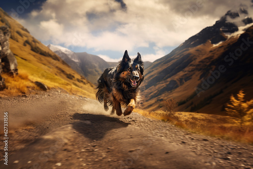 Un chien de race berger allemand, heureux, courant à toute vitesse sur un sentier de montagne, ciel nuageux en arrière-plan.  © David Giraud