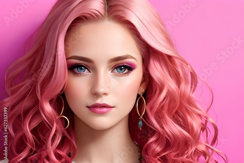 Young beautiful woman with makeup and pink hairs. Cosmetics model. AI Generative 