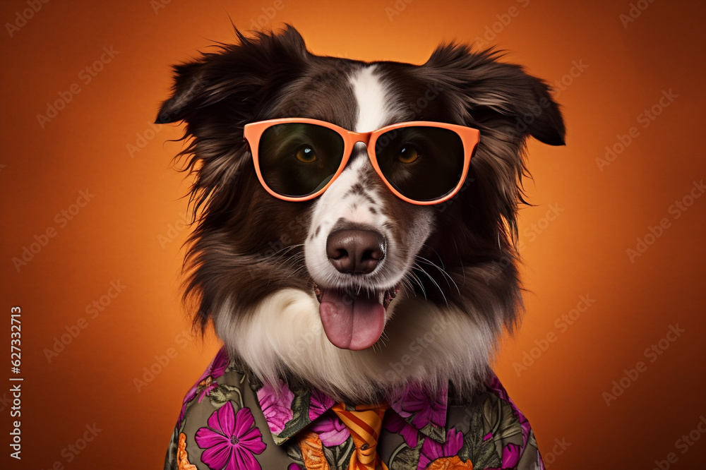 border collie wearing sunglasses and a patterned shirt, light orange and magenta, photographically  portraitures, green, chinapunk, leather, glamorous,