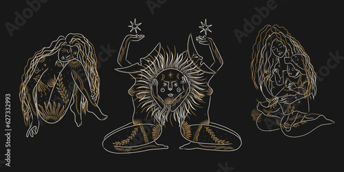 woman contour astrology, goddess of female power. zodiac signs, tarot cards, fortune-telling and predictions, forecast