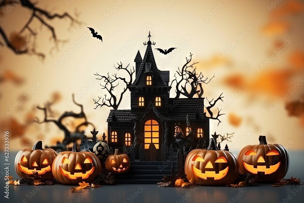Castle halloween on orange light night (Generative AI) Castle halloween on orange light night (Generative AI)