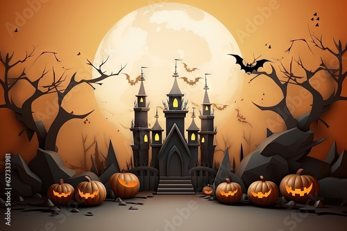 Castle halloween on orange light night (Generative AI)
