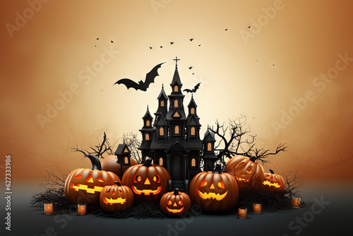 Castle halloween on orange light night (Generative AI)