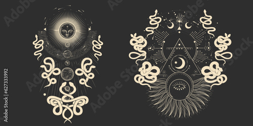 magical forest elements. images of a snake, night moth, fly agaric mushrooms, plant and space elements. Ideal for printing on fabric or clothing, wallpaper and wrapping paper