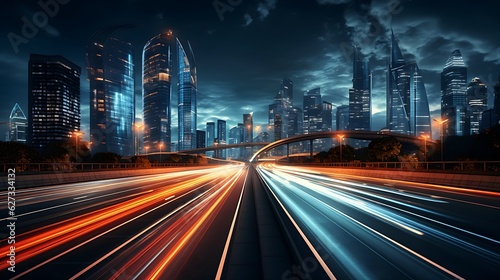 High traffic at night in a lighting big metrolpole city with stunning lights and light strips photo