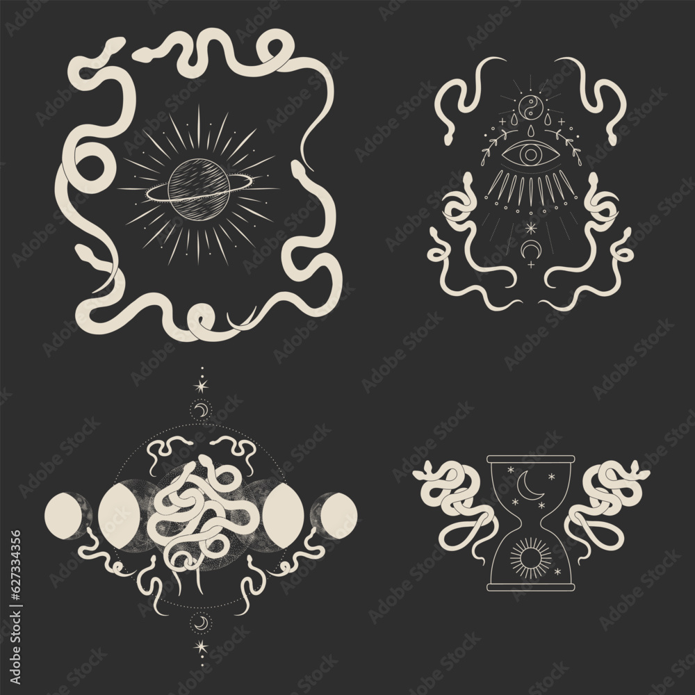 magical forest elements. images of a snake, night moth, fly agaric mushrooms, plant and space elements. Ideal for printing on fabric or clothing, wallpaper and wrapping paper magical forest elements. images of a snake, night moth, fly agaric mushrooms, plant and space elements. Ideal for printing on fabric or clothing, wallpaper and wrapping paper
